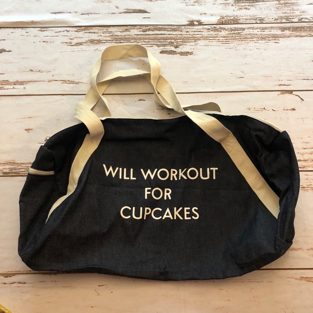 Navy Duffel Bag “Will Workout For Cupcakes” NWOT